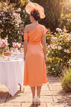 Orange A Line One Shoulder Ruched Maxi Mother of the Bride Dress
