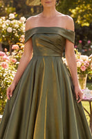 Load image into Gallery viewer, Glitter Olive A Line Ruched Off the Shoulder Long Mother of the Bride Dress
