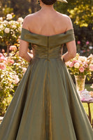 Load image into Gallery viewer, Glitter Olive A Line Ruched Off the Shoulder Long Mother of the Bride Dress