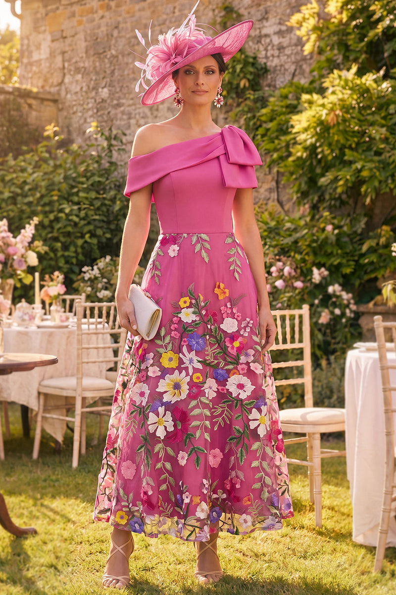 Load image into Gallery viewer, Fuchsia Floral One Shoulder A Line Maxi Mother of the Bride Dress with Bow