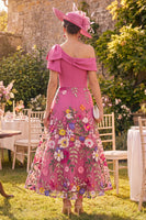 Load image into Gallery viewer, Fuchsia Floral One Shoulder A Line Maxi Mother of the Bride Dress with Bow