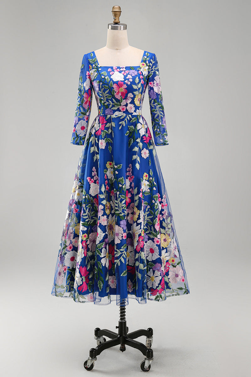 Load image into Gallery viewer, Royal Blue Floral Square Neck A Line Maxi Mother of the Bride Dress
