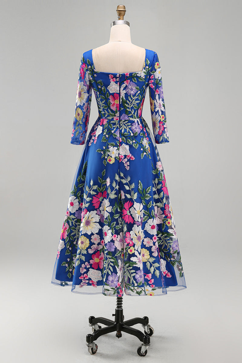 Load image into Gallery viewer, Royal Blue Floral Square Neck A Line Maxi Mother of the Bride Dress