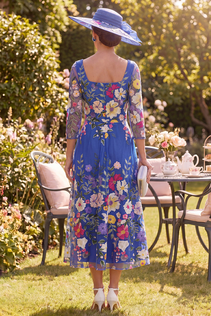 Load image into Gallery viewer, Royal Blue Floral Square Neck A Line Maxi Mother of the Bride Dress
