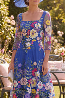 Load image into Gallery viewer, Royal Blue Floral Square Neck A Line Maxi Mother of the Bride Dress