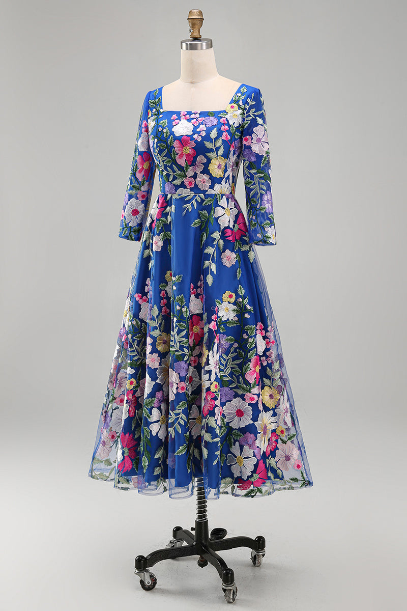 Load image into Gallery viewer, Royal Blue Floral Square Neck A Line Maxi Mother of the Bride Dress