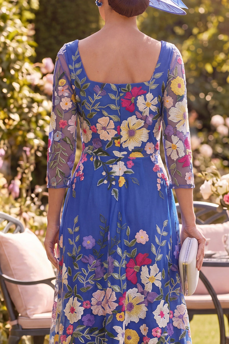 Load image into Gallery viewer, Royal Blue Floral Square Neck A Line Maxi Mother of the Bride Dress