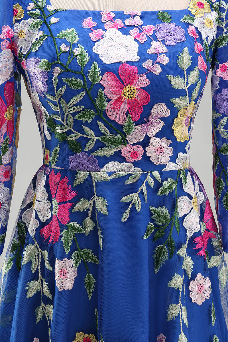 Load image into Gallery viewer, Royal Blue Floral Square Neck A Line Maxi Mother of the Bride Dress