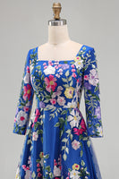 Load image into Gallery viewer, Royal Blue Floral Square Neck A Line Maxi Mother of the Bride Dress