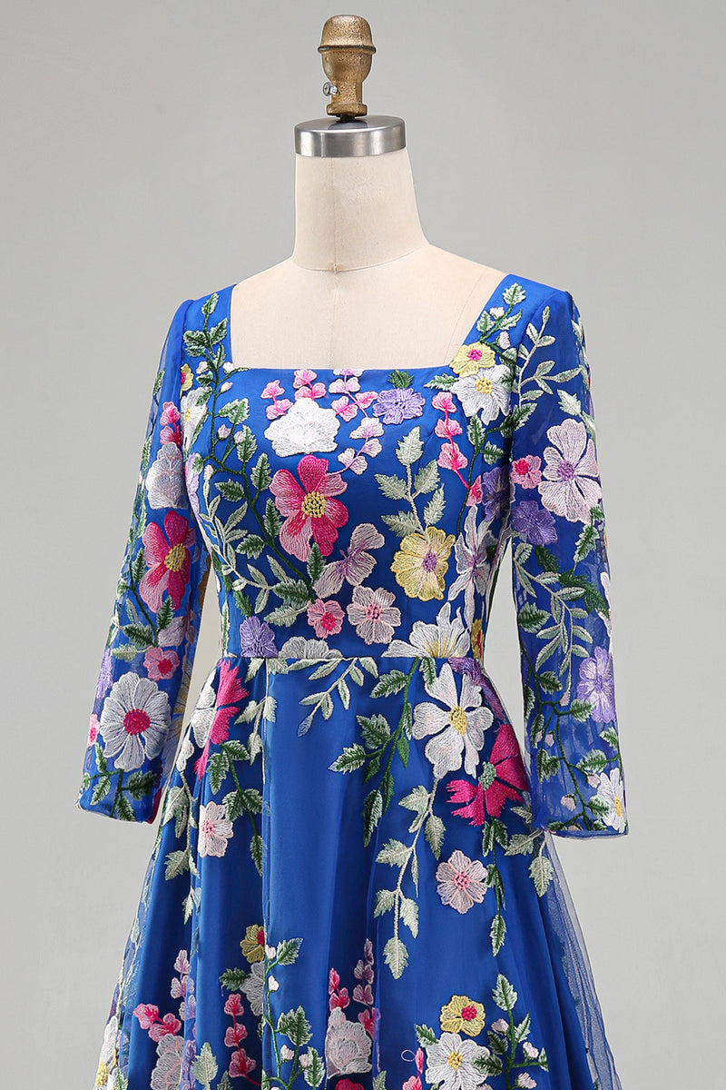 Load image into Gallery viewer, Royal Blue Floral Square Neck A Line Maxi Mother of the Bride Dress