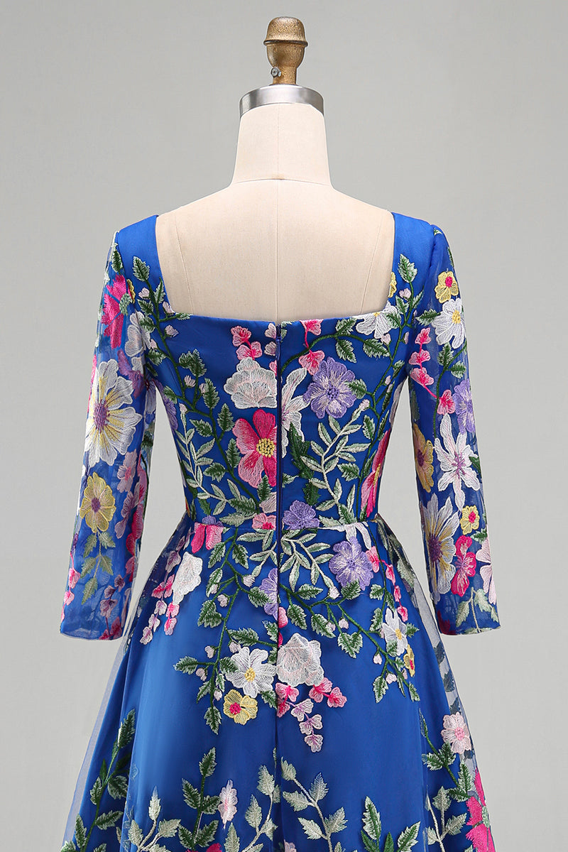Load image into Gallery viewer, Royal Blue Floral Square Neck A Line Maxi Mother of the Bride Dress
