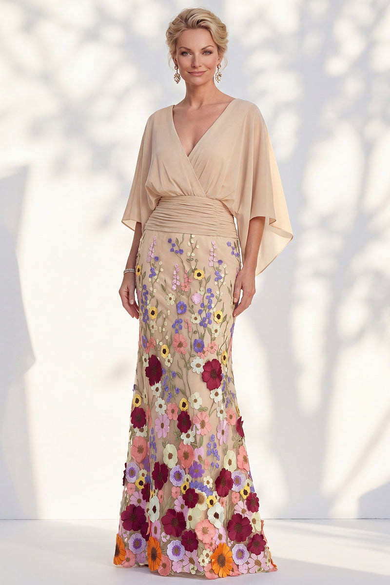 Load image into Gallery viewer, Champagne Floral Mermaid V-Neck Long Mother of the Bride Dress with Sleeves