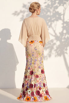 Champagne Floral Mermaid V-Neck Long Mother of the Bride Dress with Sleeves
