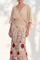 Load image into Gallery viewer, Champagne Floral Mermaid V-Neck Long Mother of the Bride Dress with Sleeves