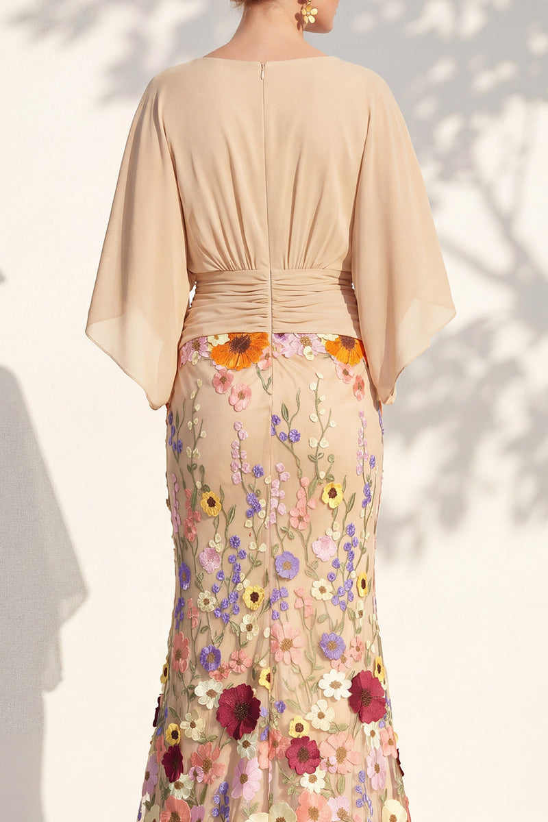 Load image into Gallery viewer, Champagne Floral Mermaid V-Neck Long Mother of the Bride Dress with Sleeves