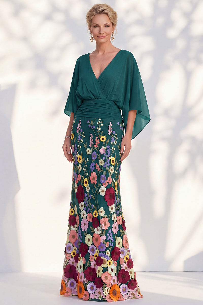Load image into Gallery viewer, Champagne Floral Mermaid V-Neck Long Mother of the Bride Dress with Sleeves
