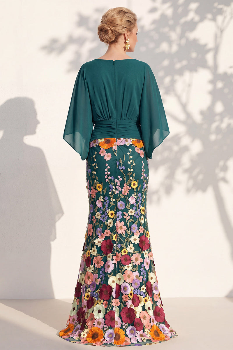 Load image into Gallery viewer, Champagne Floral Mermaid V-Neck Long Mother of the Bride Dress with Sleeves
