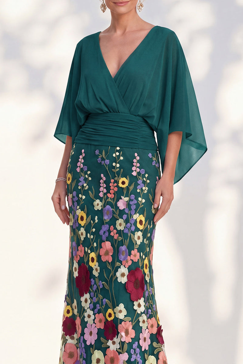Load image into Gallery viewer, Champagne Floral Mermaid V-Neck Long Mother of the Bride Dress with Sleeves