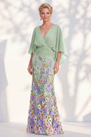 Load image into Gallery viewer, Champagne Floral Mermaid V-Neck Long Mother of the Bride Dress with Sleeves