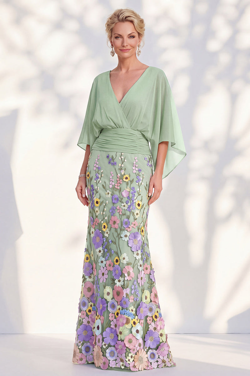 Load image into Gallery viewer, Champagne Floral Mermaid V-Neck Long Mother of the Bride Dress with Sleeves