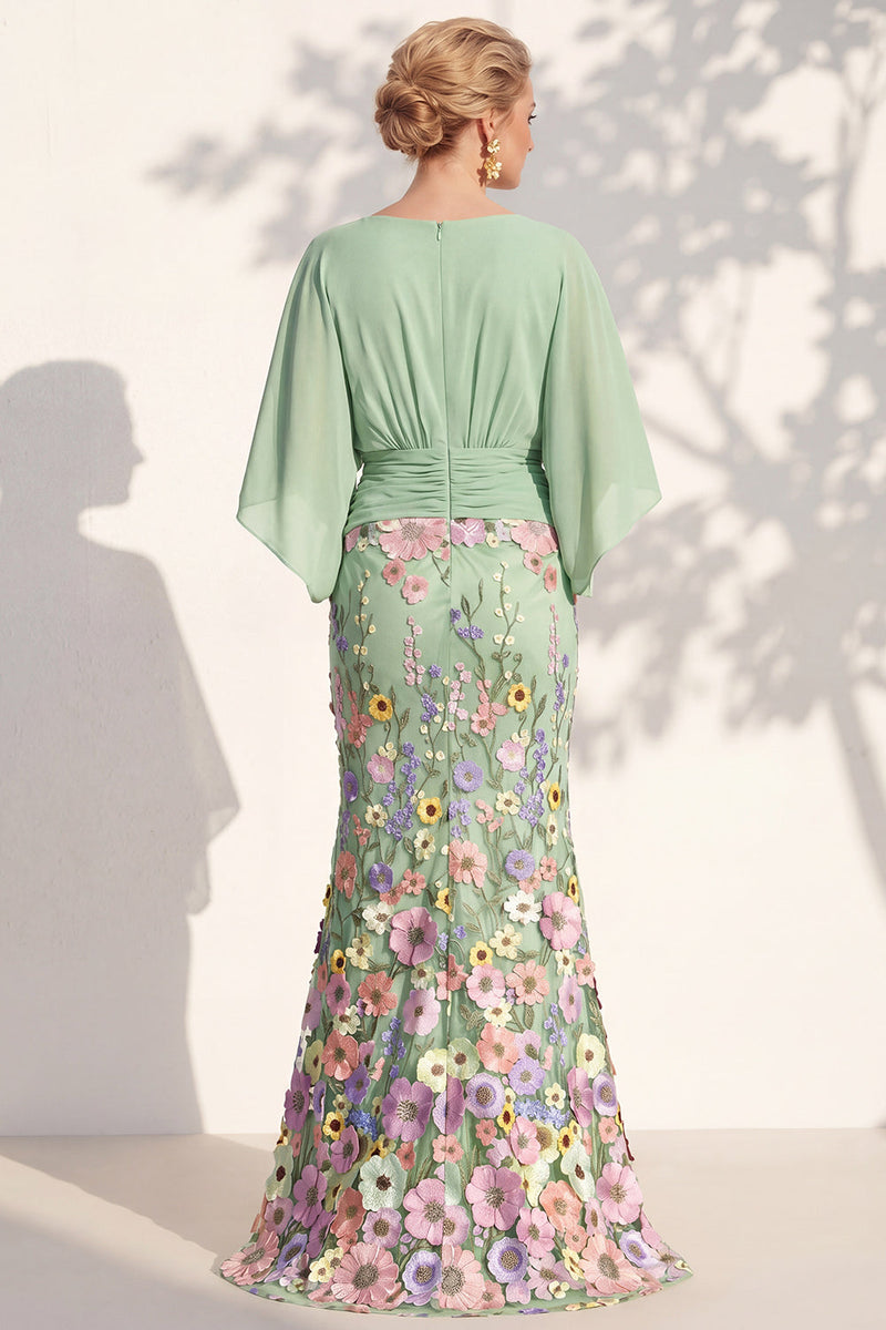 Load image into Gallery viewer, Champagne Floral Mermaid V-Neck Long Mother of the Bride Dress with Sleeves