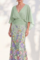 Load image into Gallery viewer, Champagne Floral Mermaid V-Neck Long Mother of the Bride Dress with Sleeves
