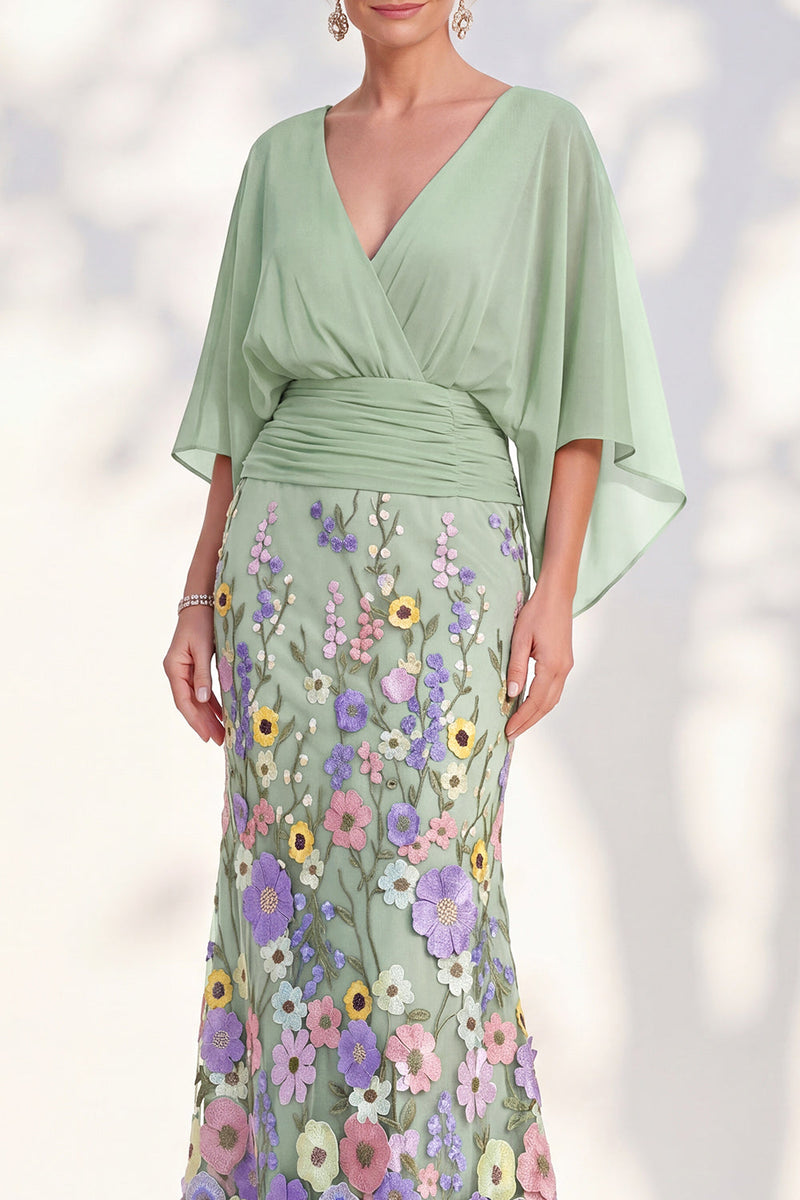 Load image into Gallery viewer, Champagne Floral Mermaid V-Neck Long Mother of the Bride Dress with Sleeves
