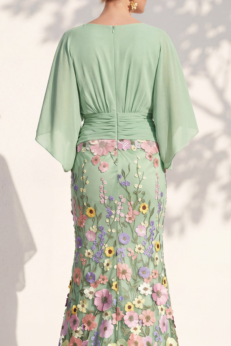 Load image into Gallery viewer, Champagne Floral Mermaid V-Neck Long Mother of the Bride Dress with Sleeves