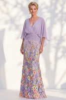 Load image into Gallery viewer, Champagne Floral Mermaid V-Neck Long Mother of the Bride Dress with Sleeves