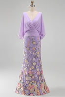 Load image into Gallery viewer, Champagne Floral Mermaid V-Neck Long Mother of the Bride Dress with Sleeves