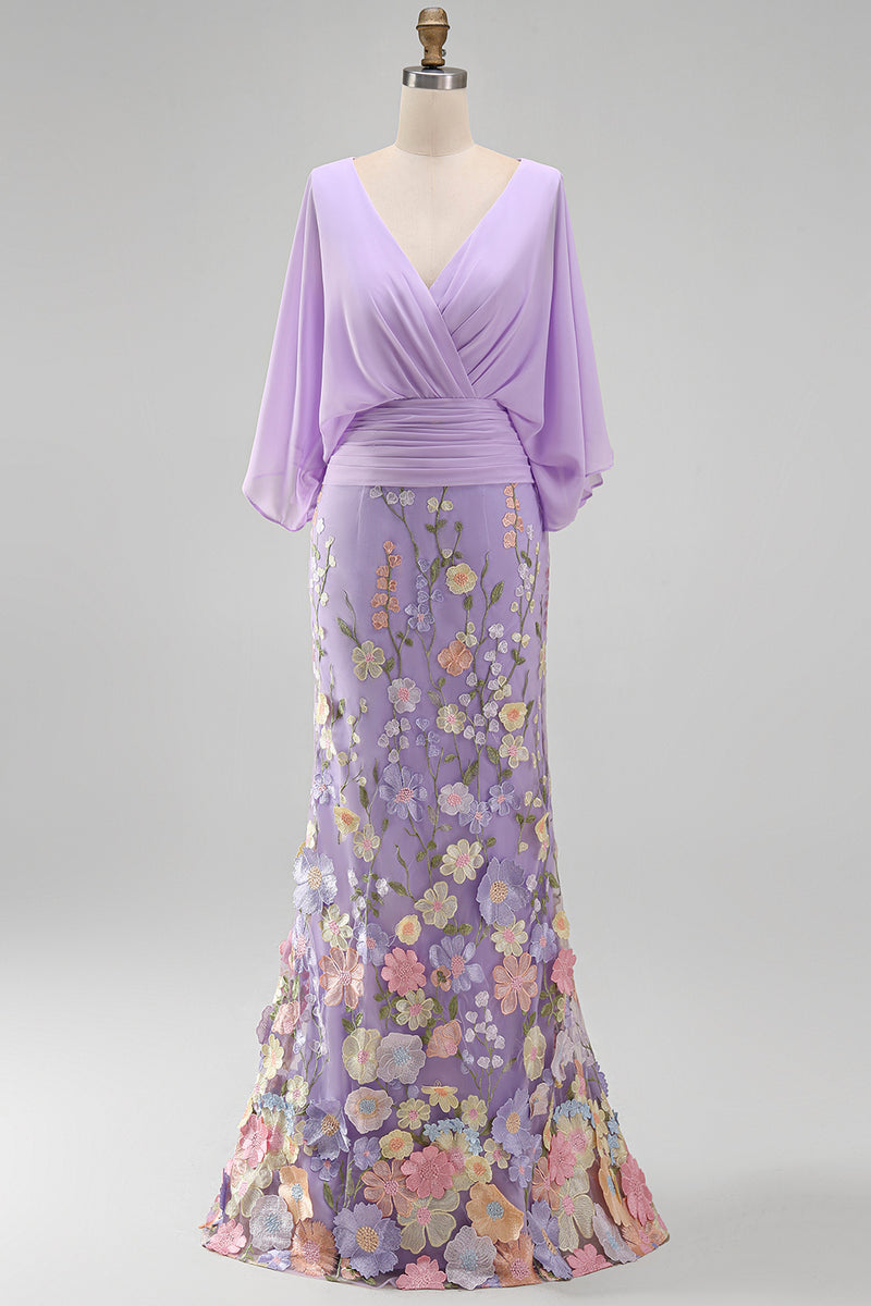 Load image into Gallery viewer, Champagne Floral Mermaid V-Neck Long Mother of the Bride Dress with Sleeves