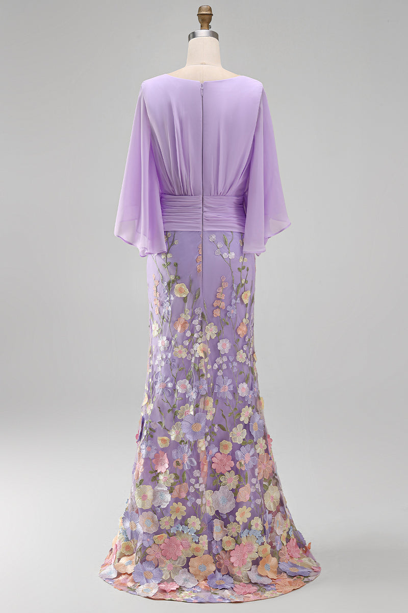 Load image into Gallery viewer, Champagne Floral Mermaid V-Neck Long Mother of the Bride Dress with Sleeves