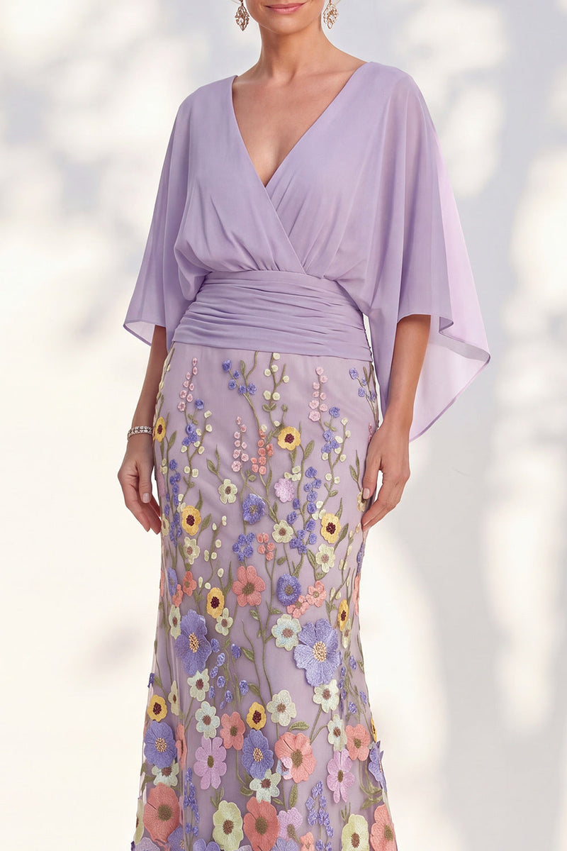 Load image into Gallery viewer, Champagne Floral Mermaid V-Neck Long Mother of the Bride Dress with Sleeves