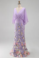 Load image into Gallery viewer, Champagne Floral Mermaid V-Neck Long Mother of the Bride Dress with Sleeves