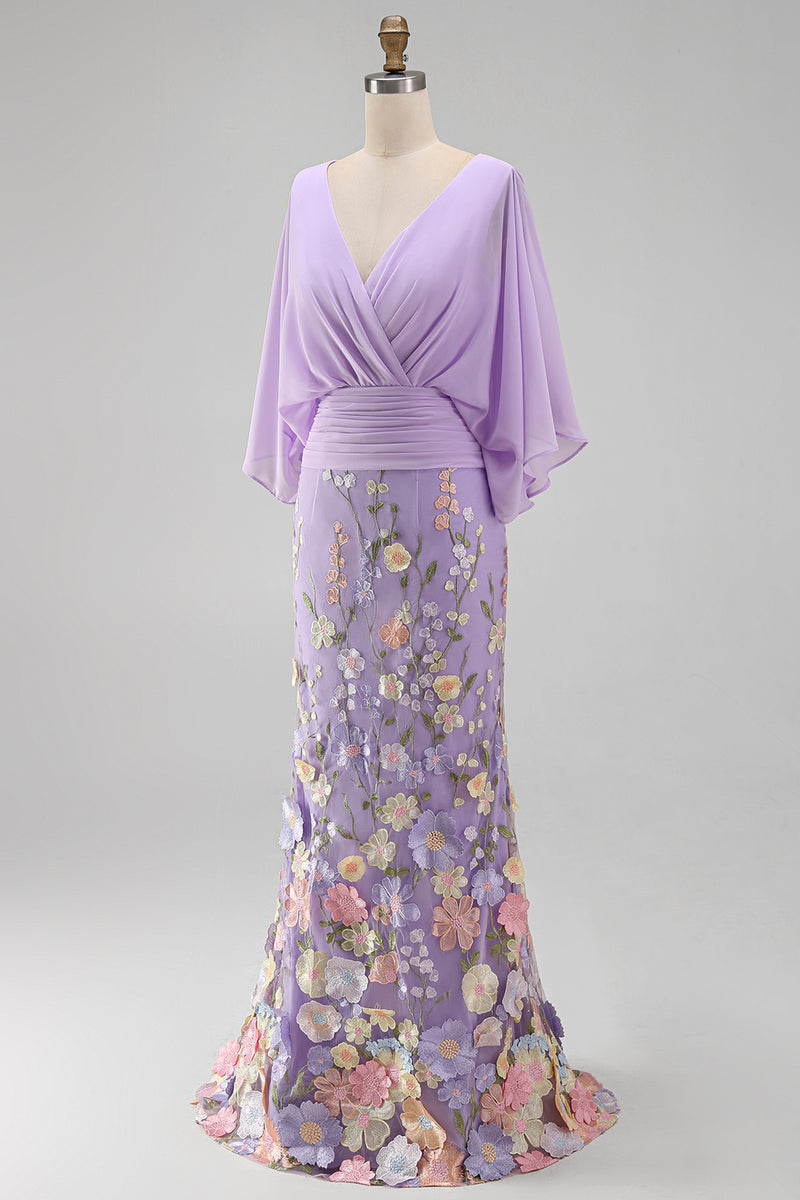 Load image into Gallery viewer, Champagne Floral Mermaid V-Neck Long Mother of the Bride Dress with Sleeves
