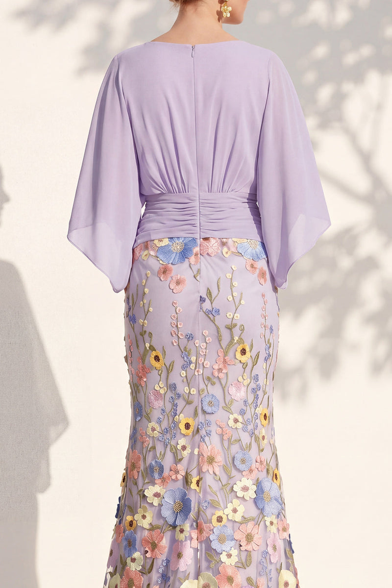 Load image into Gallery viewer, Champagne Floral Mermaid V-Neck Long Mother of the Bride Dress with Sleeves
