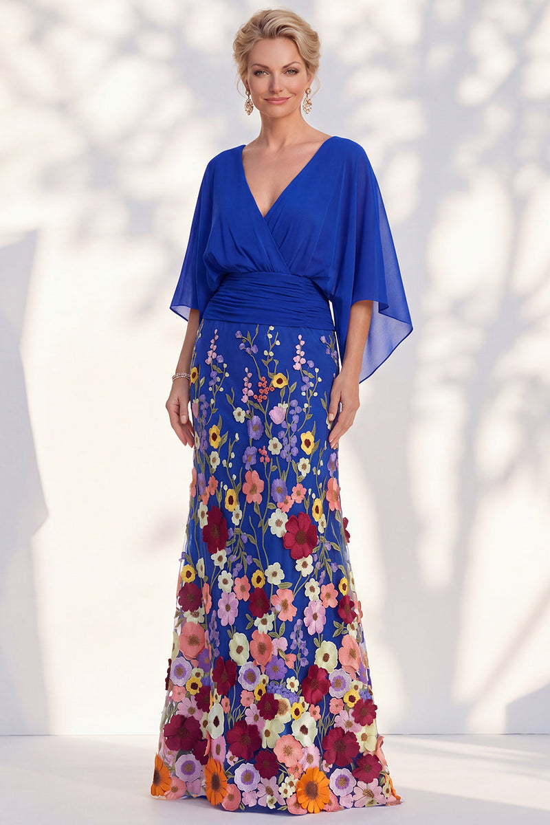 Load image into Gallery viewer, Champagne Floral Mermaid V-Neck Long Mother of the Bride Dress with Sleeves