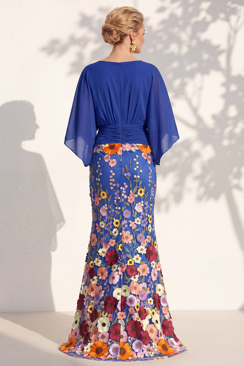 Load image into Gallery viewer, Champagne Floral Mermaid V-Neck Long Mother of the Bride Dress with Sleeves