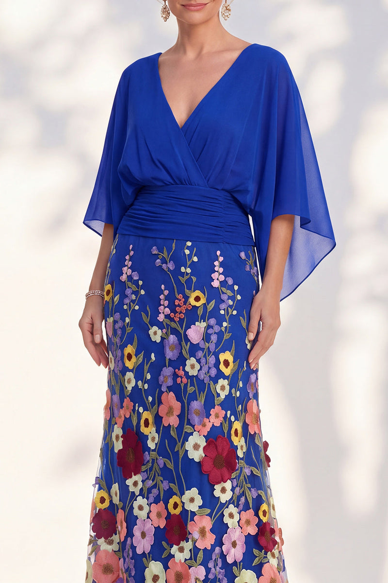 Load image into Gallery viewer, Champagne Floral Mermaid V-Neck Long Mother of the Bride Dress with Sleeves
