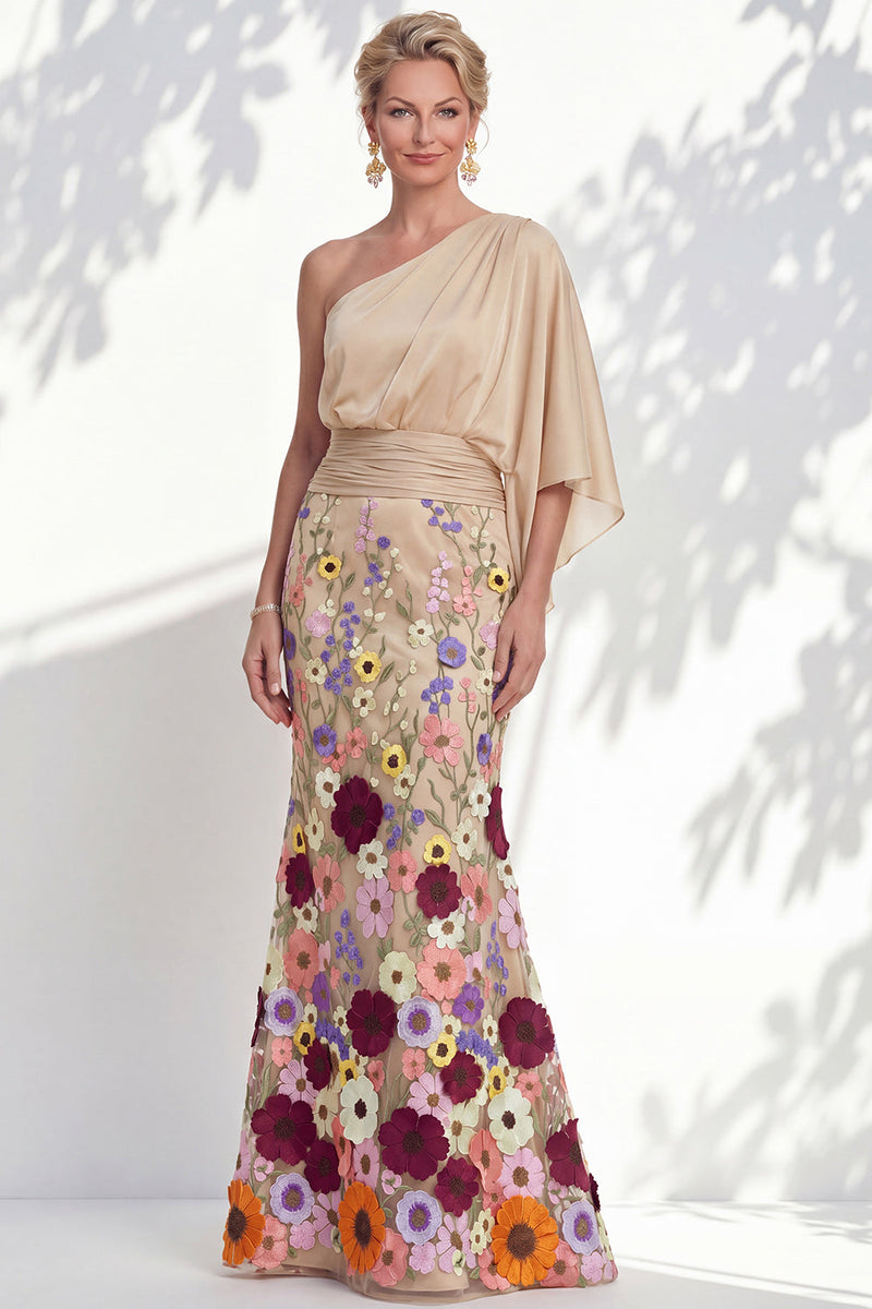 Load image into Gallery viewer, Champagne Floral Mermaid One Shoulder Long Mother of the Bride Dress with Sleeves
