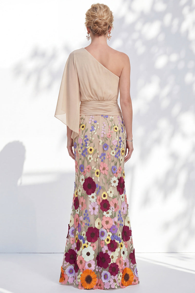 Load image into Gallery viewer, Champagne Floral Mermaid One Shoulder Long Mother of the Bride Dress with Sleeves