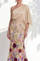 Load image into Gallery viewer, Champagne Floral Mermaid One Shoulder Long Mother of the Bride Dress with Sleeves