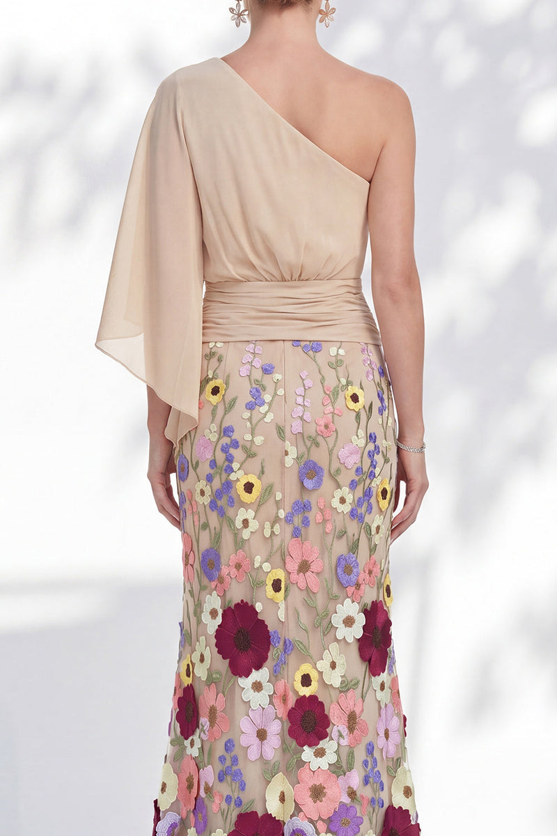 Load image into Gallery viewer, Champagne Floral Mermaid One Shoulder Long Mother of the Bride Dress with Sleeves