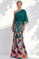 Load image into Gallery viewer, Champagne Floral Mermaid One Shoulder Long Mother of the Bride Dress with Sleeves