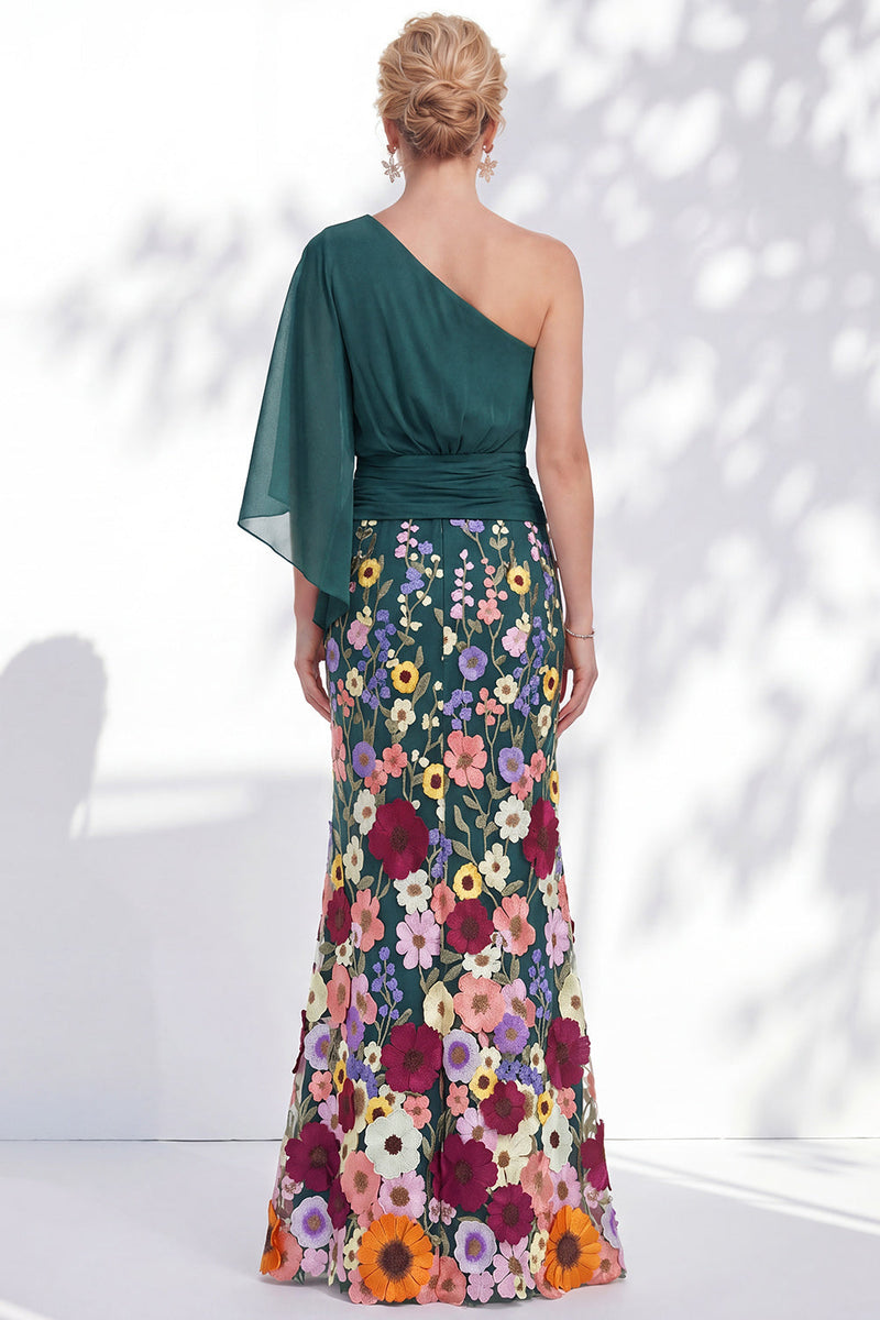 Load image into Gallery viewer, Champagne Floral Mermaid One Shoulder Long Mother of the Bride Dress with Sleeves