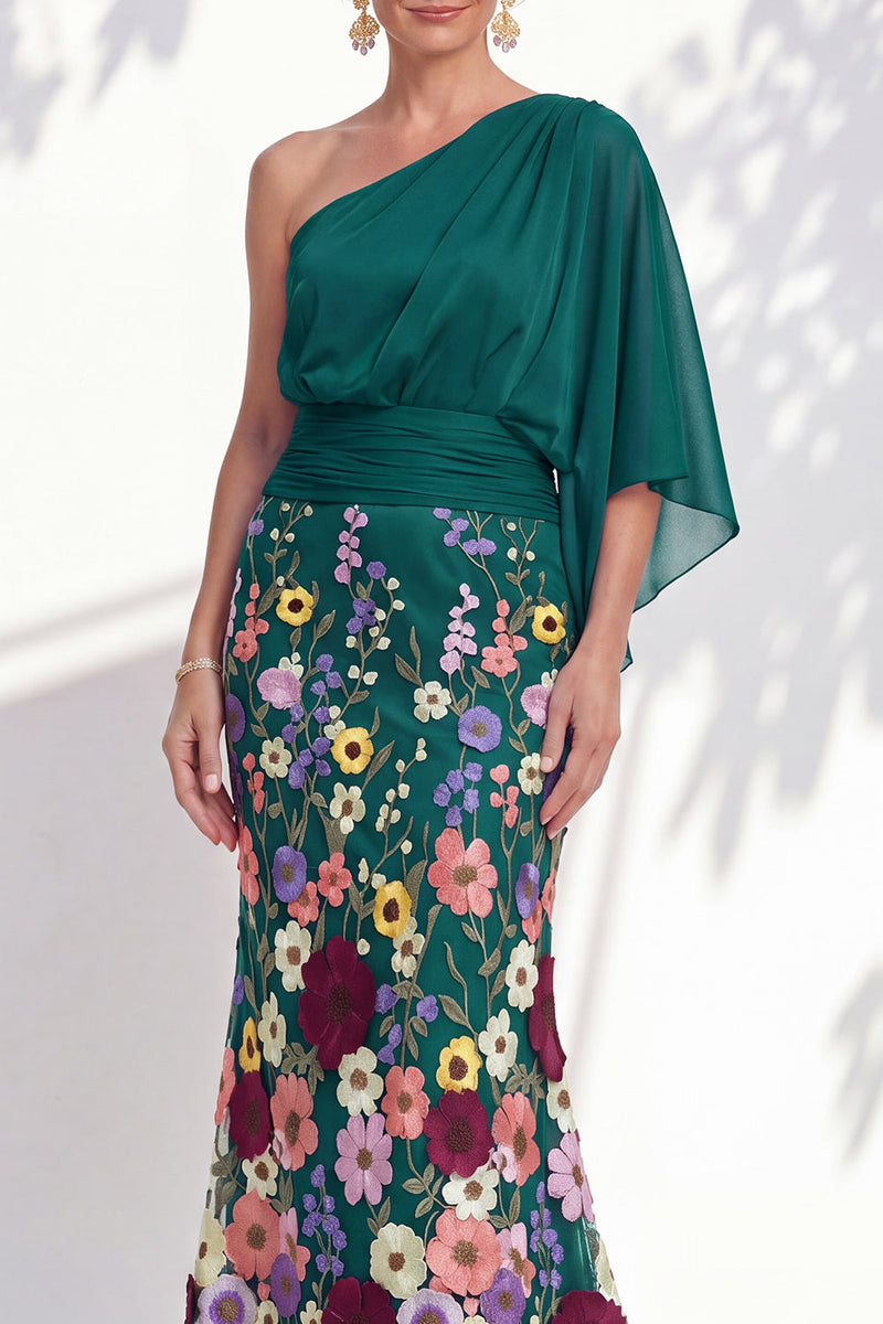Load image into Gallery viewer, Champagne Floral Mermaid One Shoulder Long Mother of the Bride Dress with Sleeves