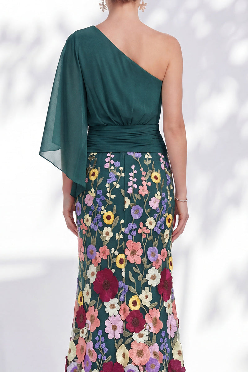 Load image into Gallery viewer, Champagne Floral Mermaid One Shoulder Long Mother of the Bride Dress with Sleeves