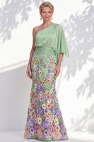 Load image into Gallery viewer, Champagne Floral Mermaid One Shoulder Long Mother of the Bride Dress with Sleeves