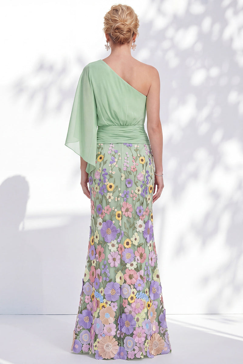 Load image into Gallery viewer, Champagne Floral Mermaid One Shoulder Long Mother of the Bride Dress with Sleeves