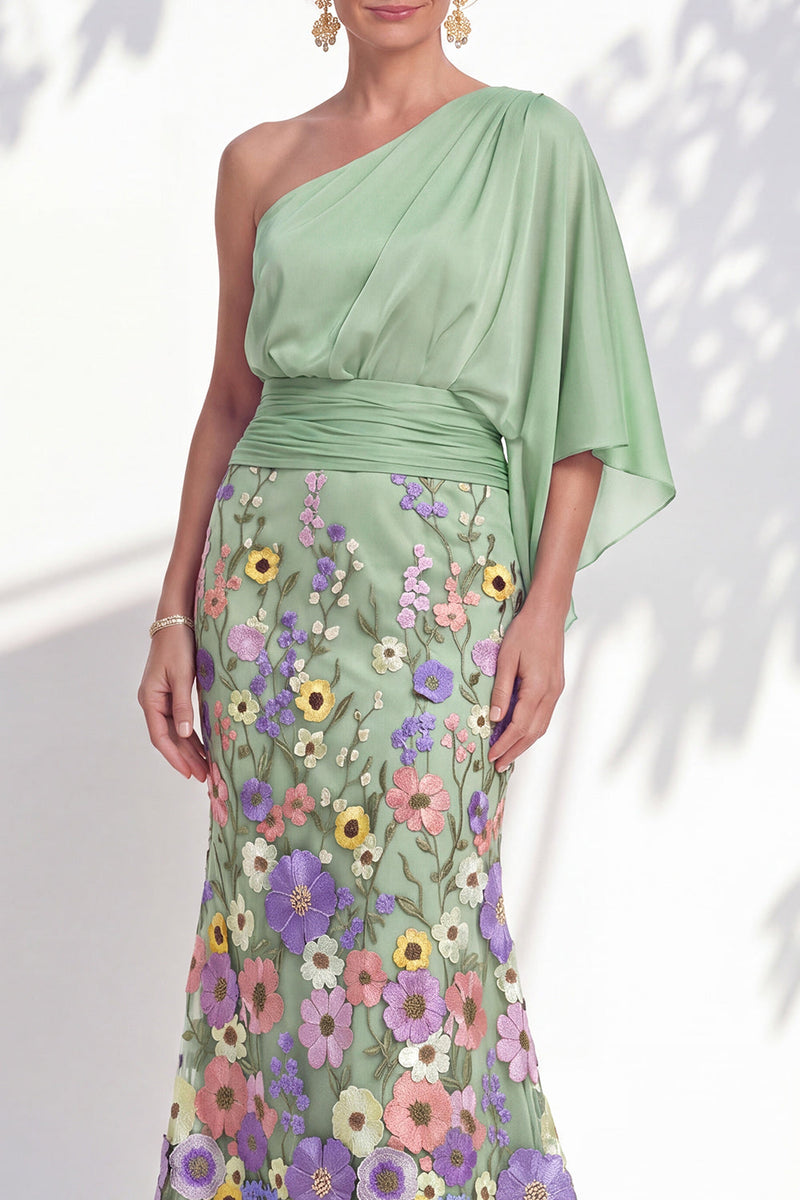 Load image into Gallery viewer, Champagne Floral Mermaid One Shoulder Long Mother of the Bride Dress with Sleeves